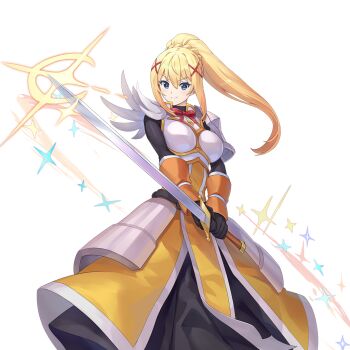 1girl armor black_gloves blonde_hair blue_eyes boobplate breastplate breasts closed_mouth darkness_(konosuba) gloves hair_ornament holding holding_sword holding_weapon large_breasts long_hair looking_at_viewer neck_ribbon official_art pauldrons ponytail ragnador red_ribbon ribbon shoulder_armor sidelocks simple_background single_pauldron smile solo sword transparent_background weapon x_hair_ornament