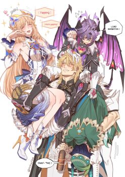 1girl 3boys aqua_hair argyle_clothes argyle_pantyhose armor bare_shoulders belt beret black_hair blonde_hair blush boots bottle braid breastplate breasts bright_pupils cape carrying carrying_person carrying_under_arm closed_eyes coat commentary cross_scar detached_sleeves dragon_boy dragon_horns dragon_tail dragon_wings dress drunk durin_(genshin_impact) ear_ornament english_commentary english_text face_down facial_mark facial_scar facing_another fangs flying_sweatdrops forehead_mark gauntlets genshin_impact gloves gradient_eyes gradient_hair green_cape green_hat green_shorts grin hair_between_eyes hair_ornament hand_on_another's_head hat high_heels highres holding holding_bottle horns large_breasts legs_apart long_hair long_sleeves looking_at_another mullet multicolored_eyes multicolored_hair multiple_boys multiple_scars nicole_reeyn open_mouth pants purple_hair rchella red_eyes scar scar_on_arm scar_on_cheek scar_on_face shorts shoulder_carry side_braids single_gauntlet sitting_on_arm slit_pupils smile standing tail thigh_belt thigh_strap twin_braids two-tone_eyes two-tone_hair varka_(genshin_impact) venti_(genshin_impact) very_long_hair white_hat white_pupils wings x-shaped_eyewear yellow_eyes