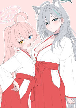 2girls absurdres ahoge alternate_costume animal_ear_fluff animal_ears black_choker blue_archive blue_eyes breasts choker cleavage commentary cross_hair_ornament flat_chest grey_hair grey_halo hair_ornament halo heterochromia highres hoshino_(blue_archive) japanese_clothes large_breasts long_hair miko mistel_(sukebemistel) multiple_girls open_mouth outline pink_background pink_hair pink_halo ponytail shiroko_terror_(blue_archive) simple_background white_outline wolf_ears wolf_girl