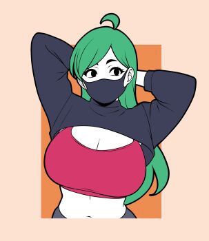 1girl ahoge arms_up black_eyes breasts cleavage commentary english_commentary flat_color green_hair highres huge_breasts jam-orbital long_hair mask midriff mouth_mask navel orange_background original outside_border simple_background solo tops_(jam-orbital)