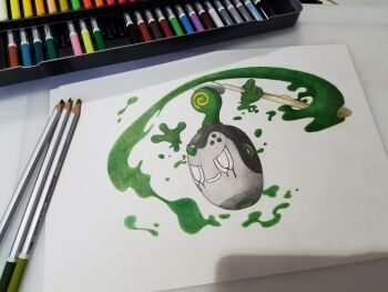Rule 34 | absurdres, art tools in frame, bake monochrome, colored pencil, colored pencil (medium), commentary request, full body, highres, holding, matcha (food), nintendo, no humans, paper, pencil, pokemon, pokemon (creature), pokemon focus, poltchageist, smile, solo, traditional media, white eyes