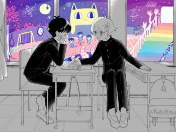 1girl 4boys alternate_costume analog_clock aubrey_(headspace)_(omori) aubrey_(omori) backpack bag basil_(faraway)_(omori) basil_(omori) big_yellow_cat_(omori) blush card classroom clock desk forest_bunny_(omori) hamcue hero_(headspace)_(omori) hero_(omori) indoors kel_(headspace)_(omori) kel_(omori) long_sleeves looking_at_another multiple_boys noose omori open_mouth pants partially_colored playing_card potted_plant_(omori) railing school_uniform short_hair smile snake sprout_mole stairs sunny_(omori) swing_set tentacles tree