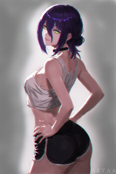 1girl absurdres akyaa_art artist_name ass black_choker breasts chain choker commentary cowboy_shot dolphin_shorts english_commentary from_behind from_side gradient_background green_eyes grey_background hair_between_eyes hand_on_own_hip highres looking_at_viewer looking_back low-tied_medium_hair medium_breasts midriff midriff_peek reze_(chainsaw_man) shorts sideboob sidelocks solo tank_top upper_body