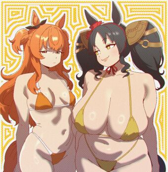 2girls :3 animal_ears bikini black_hair bow breast_envy breasts brown_bow cleavage closed_mouth commentary cowboy_shot ear_bow frown horse_ears horse_girl horse_tail huge_breasts jxzuke long_hair looking_at_another marvelous_sunday_(umamusume) mayano_top_gun_(umamusume) mom_and_her_daughter_(meme) multiple_girls navel orange_bikini orange_eyes orange_hair plump small_breasts smile smug spanish_commentary swimsuit tail twintails umamusume v-shaped_eyebrows yellow_eyes