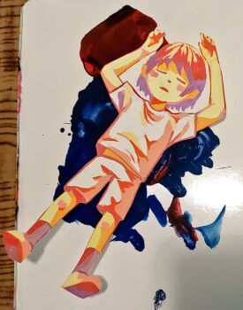 Rule 34 | 1boy, arms up, closed eyes, commentary, facing viewer, from above, full body, lying, male focus, momoe (mme daigaku), on back, original, paint, paper child, parted lips, shirt, shoes, short hair, short sleeves, shorts, socks, solo, t-shirt, traditional media, white shirt, white shorts