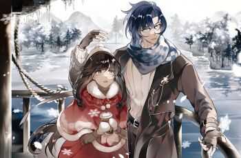 Rule 34 | 1boy, 1girl, beanie, belt, belt buckle, black belt, black coat, black gloves, black pants, blue eyes, blue hair, blue scarf, bubble tea, buckle, checkered clothes, checkered scarf, chinese commentary, clarence clayden, clarence clayden (corridor of fate), coat, commentary request, cowboy shot, cup, curtained hair, day, disposable cup, fingerless gloves, fur-trimmed poncho, glasses, gloves, grey eyes, grey sweater, hair between eyes, hand up, hat, heroine (lovebrush chronicles), highres, holding, holding cup, icicle, lake, lapel pin, lapels, long hair, long sleeves, looking to the side, looking up, lovebrush chronicles, low-tied sidelocks, mittens, mountain, notched lapels, open clothes, open coat, open hand, pants, parted lips, pom pom (clothes), pom pom beanie, railing, red lips, red poncho, red skirt, rope, scarf, shielding, short hair, sidelocks, skirt, smile, snowflakes, snowing, standing, sweater, swept bangs, tree, turtleneck, turtleneck sweater, veranda, wangulongdong, white hat, white mittens, white sweater, winter, winter clothes