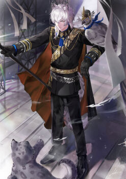Rule 34 | 1boy, absurdres, animal ears, animal on arm, arknights, bird, black cape, black coat, black gloves, black pants, black shoes, cane, cape, chocomaru44, coat, commentary, frown, full body, gloves, gold sash, gold trim, hawk, highres, holding, holding cane, legs apart, looking at viewer, male focus, outdoors, pants, red cape, shoes, short hair, sidelocks, signature, silverash (arknights), silverash (never-melting ice) (arknights), snow leopard, snow leopard boy, snow leopard ears, snow leopard tail, solo, standing, tail, tenzin (arknights), tenzin (never-melting ice) (arknights), two-sided cape, two-sided fabric, visible air, white eyes, white hair