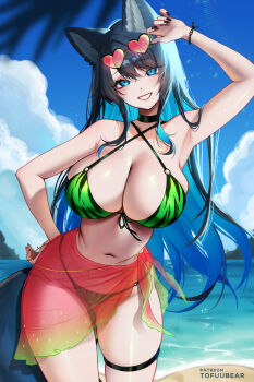 1girl animal_ears arm_up armpits bare_arms bare_shoulders beach bikini black_choker black_hair black_nails blue_eyes blue_hair blush breasts choker cleavage colored_inner_hair commentary cowboy_shot day english_commentary eyewear_on_head front-tie_bikini_top front-tie_top gluteal_fold green_bikini heart heart-shaped_eyewear highres large_breasts mole mole_under_eye multicolored_hair nail_polish navel o-ring o-ring_bikini original outdoors patreon_username red-tinted_eyewear reiko_(tofuubear) skindentation smile solo stomach sunglasses swimsuit thigh_strap thighs tinted_eyewear tofuubear two-tone_hair water