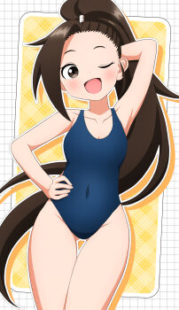 1girl absurdres black_hair gluteal_fold hashtag-only_commentary high_ponytail highres ishigakiseiya kunoichi_tsubaki_no_mune_no_uchi long_hair looking_at_viewer open_mouth ponytail simple_background solo swimsuit tsubaki_(kunoichi_tsubaki_no_mune_no_uchi)