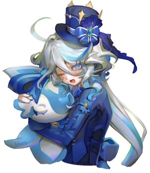 Rule 34 | 1girl, :d, ahoge, blue bow, blue eyes, blue gem, blue hair, blue hat, blue jacket, blue streaks, bow, cloud (lufaeris), commentary, cropped torso, double-parted bangs, furina (genshin impact), gem, genshin impact, hair between eyes, hat, hat bow, highres, hug, jacket, long hair, long sleeves, looking at viewer, multicolored hair, one eye closed, open mouth, simple background, smile, solo, streaked hair, top hat, two-tone hair, white background, white hair