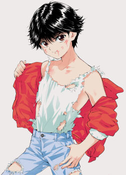 1boy black_hair brown_eyes bruise closed_mouth collarbone denim highres injury jacket jeans koriina male_focus pants shirt short_hair sleeveless sleeveless_shirt solo torn_clothes torn_jeans torn_pants urameshi_yuusuke yuu_yuu_hakusho