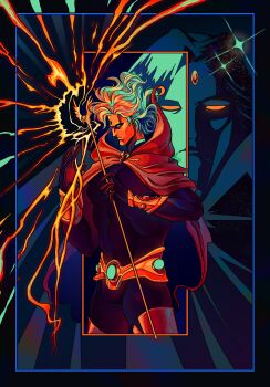 1boy absurdres adam_warlock aqua_hair black_bodysuit blonde_hair bodysuit boots cloak colored_skin commentary covered_pectorals cowboy_shot eelextricghost english_commentary floating_hair forehead_jewel green_hair guardians_of_the_galaxy highres holding holding_scepter male_focus marvel multicolored_hair multiple_views muscular muscular_male no_pupils orange_hair orange_skin pectorals profile red_cloak scepter solo sparkle superhero_costume thigh_boots