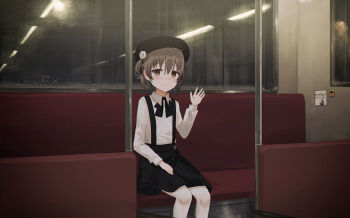 1girl beret black_hat black_ribbon black_skirt blush brown_eyes brown_hair building bus bus_interior button buttons closed_mouth commentary_request female_focus flower full_moon hair_between_eyes hair_flower hair_ornament hair_rings hand_on_leg hand_on_own_thigh hand_up hat hatoba_tsugu interior long_sleeves looking_at_viewer mole mole_under_eye moon motor_vehicle night night_sky pantyhose ribbon rose sakanaoishiiumauma shirt short_hair sitting skirt sky skyscraper smile solo suspender_skirt suspenders translation_request virtual_youtuber waving white_flower white_pantyhose white_rose white_shirt window