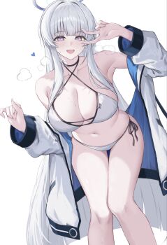 1girl bikini blue_archive breasts choker cleavage commentary_request fuchi_(0616tk) halo halter_top_bikini headgear highres jacket large_breasts long_hair looking_at_viewer mechanical_halo navel noa_(blue_archive) purple_eyes side-tie_bikini_bottom smile solo string_bikini swimsuit two-sided_fabric two-sided_jacket v v_over_eye white_bikini white_hair white_halo white_jacket