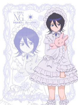 1girl black_hair bleach closed_mouth dress frilled_dress frills hair_between_eyes highres holding holding_stuffed_toy kuchiki_rukia long_bangs long_sleeves looking_at_viewer meri~nu purple_eyes short_hair solo stuffed_animal stuffed_rabbit stuffed_toy twitter_username white_dress