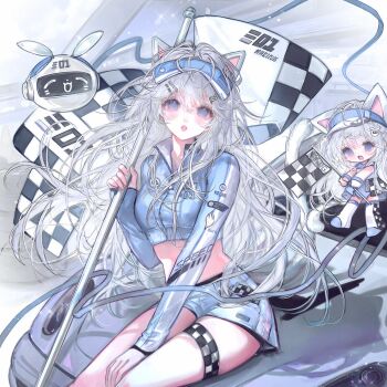 1girl animal_ears blue_eyes blue_shirt blue_shorts breasts cat_ears cat_girl cat_tail checkered_flag chibi crop_top flag hair_ornament highres holding holding_flag long_hair long_sleeves looking_at_viewer midriff open_mouth original parted_lips shirt short_shorts shorts sitting solo tail thigh_strap thighs very_long_hair visor_cap white_hair wuyu16