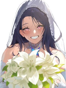 1girl bare_shoulders black_hair blush bouquet breasts bridal_veil commentary crying dress elbow_gloves flower gloves goddess_of_victory:_nikke grin highres isabel_(honeymoon_party)_(nikke) isabel_(nikke) large_breasts long_hair looking_at_viewer nyahpa20 pink_eyes smile solo veil wedding_dress white_dress white_gloves