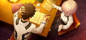 1boy 1girl black-framed_eyewear black_hair black_skirt book chair command_spell fate/grand_order fate_(series) from_above fujimaru_ritsuka_(male) game_asset hand_on_own_head holding holding_pen jacket long_sleeves mash_kyrielight necktie official_art on_chair open_book pen pink_hair pocket_watch shirt short_hair sitting skirt table takeuchi_takashi third-party_source tile_floor tiles watch white_jacket white_necktie white_shirt writing