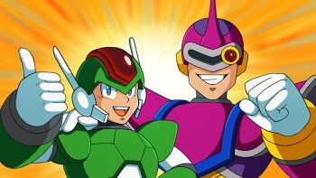 2boys android armor assault_visor clenched_hand clenched_teeth codpiece forehead_jewel gloves green_armor green_biker_dude_(mega_man) green_helmet hand_on_another&#039;s_shoulder headshot helmet jewelry looking_at_viewer mac_(mega_man) mega_man_(series) mega_man_x2 mega_man_x3 mega_man_x6 mega_man_x_(series) multiple_boys official_style one-eyed purple_armor purple_helmet radio_antenna robot robot_ears shoulder_armor smile sprinqgueen teeth thumbs_up upper_teeth_only white_gloves yellow_background