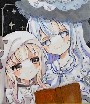 Rule 34 | 2girls, absurdres, black background, blonde hair, blunt bangs, book, closed mouth, hat, highres, hikami meruru, long hair, looking at viewer, mahou shoujo no majo saiban, marker (medium), multiple girls, open book, poyo (poyo2255), priestess, smile, sparkle, spoilers, traditional media, tsukishiro yuki, veil, white hair, white hat, white veil