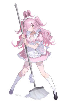 1girl animal_ears apron belt black_shoes broom commentary dress frilled_apron frilled_dress frills full_body hair_over_one_eye hayama_eishi highres holding holding_broom kneehighs long_hair maid maid_headdress open_mouth original pink_dress pink_hair rabbit_ears rabbit_girl red_eyes shoes short_sleeves simple_background socks solo standing thigh_belt thigh_strap twitter_username two_side_up white_apron white_background white_socks