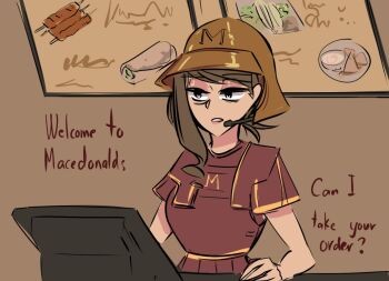 1girl ancient_greek_clothes bronze_headwear brown_hair cashier centurii-chan employee_uniform english_text food greco-roman_clothes grey_eyes helmet lips open_mouth original short_sleeves solo