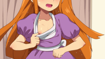 1girl back_bow blush bow cartoon_network clenched_hand clothes_pull collarbone curtains dress dress_pull female_focus flashing flat_chest hand_up head_out_of_frame highres jcm2 loli long_hair netflix nipple_slip nipples open_mouth orange_hair puffy_short_sleeves puffy_sleeves pulling_own_clothes purple_dress reggie_abbott sash short_sleeves sidelocks solo sweat twelve_forever upper_body