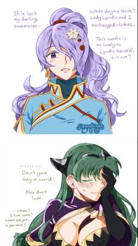 2girls 2koma bad_tag between_breasts blush breasts camilla_(fire_emblem) cleavage closed_eyes comic cosplay costume_switch embarrassed fire_emblem fire_emblem:_the_blazing_blade fire_emblem_fates flower green_hair hair_flower hair_ornament hair_over_one_eye japanese_clothes jisunshines kimono large_breasts long_hair looking_at_viewer lyn_(fire_emblem) multiple_girls nintendo one_eye_covered ponytail purple_eyes purple_hair resting_head_on_hand simple_background strap_between_breasts third-party_edit tiara waitingforgames