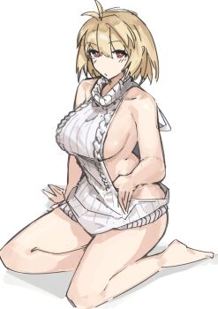 1girl absurdres ahoge arcueid_brunestud arm_support barefoot blonde_hair blush bottomless breasts hair_intakes highres huge_breasts jonyeld looking_at_viewer no_bra red_eyes short_hair sweater thick_thighs thighs tsukihime tsukihime_(remake) virgin_killer_sweater wide_hips