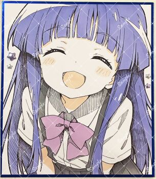 Rule 34 | 1girl, black skirt, blue hair, collared shirt, facing viewer, furude rika, higurashi no naku koro ni, leaning, long hair, long sidelocks, neck ribbon, niyane, open mouth, pink ribbon, ribbon, sample watermark, shirt, short hair, sidelocks, skirt, smile, solo, star (symbol), watermark, white shirt