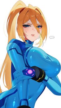 Rule 34 | ..., 1girl, absurdres, arm under breasts, blonde hair, blue bodysuit, blue eyes, bodysuit, breasts, covered navel, high ponytail, highres, holding own arm, large breasts, long hair, looking at viewer, metroid, mole, mole under mouth, nintendo, parted lips, ponytail, samus aran, simple background, skin tight, solo, spoken ellipsis, super smash bros., very long hair, white background, yasaikakiage, zero suit
