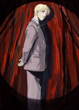 Rule 34 | 1boy, arms behind back, blonde hair, closed mouth, collared shirt, curtains, feet out of frame, formal clothes, grey jacket, grey pants, grey suit, jacket, johan liebert, light smile, looking at viewer, male focus, monster (manga), oic831, pants, parted bangs, shirt, short hair, solo, spotlight, standing, suit, suit jacket, twitter username, white shirt