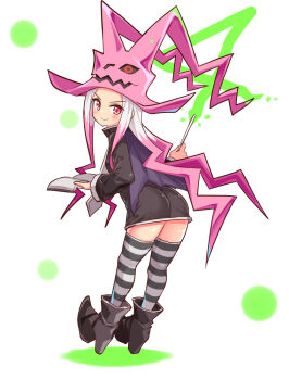 1girl book cougar cougar_(cougar1404) dragon:_marked_for_death female_focus hat long_hair multicolored_hair pink_eyes pink_hair socks striped_clothes striped_socks tagme wand white_hair witch witch_(dmfd) witch_hat