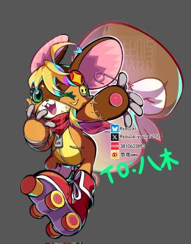 Rule 34 | 1girl, blonde hair, digimon, digimon (creature), fang, full body, green hair, grey background, highres, one eye closed, roller skates, shoeshoemon, simple background, skates, solo, squirrel girl, squirrel tail, tail, youzaiyouzai112