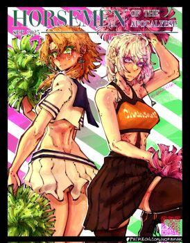 2girls ankh_earrings arm_up ass_peek black_sailor_collar black_skirt black_thighhighs blonde_hair blush breasts chainsaw_man cheerleader closed_mouth commentary crop_top crying crying_with_eyes_open death_devil_(chainsaw_man) deep_wound earrings english_commentary fami_(chainsaw_man) famine_devil_(chainsaw_man) frown green_eyes grey_hair highres holding holding_pom_poms injury jewelry long_hair medium_breasts medium_hair multiple_girls noremmak pom_pom_(cheerleading) pom_poms purple_eyes qr_code ringed_eyes sailor_collar sailor_shirt shirt skirt tears thighhighs watermark web_address white_shirt white_skirt