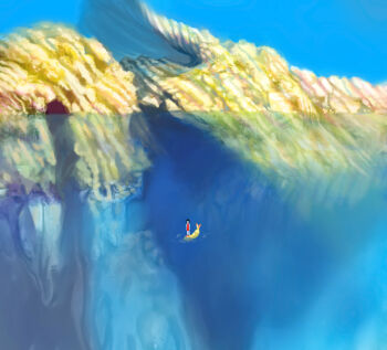 Rule 34 | 1girl, black hair, blue sky, cave, clear sky, commentary request, dress, food, full body, nuq, ocean, original, outdoors, red dress, reflection, reflective liquid, scenery, short hair, shrimp, shrimp tempura, sky, solo, tempura, water, wide shot