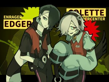 1boy 1girl arm_belt bad_tag belt black_eyes black_hair brawl_stars choker closed_mouth colette_(brawl_stars) collared_shirt edgar_(brawl_stars) flat_chest gloves grin hair_over_one_eye hairband headband insektdemon lock long_sleeves medium_hair padlock padlocked_collar past red_eyes scarf serious sharp_teeth shirt short_hair sleeves_past_wrists smile teeth white_hair