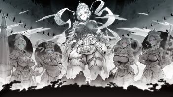 1boy 1girl 4girls :&lt; absurdres animal animal_on_hand armor artist_name axe bird black_myth:_wukong blue_eyes bo_staff breast_press breasts chinese_armor cleavage closed_umbrella cloud commentary_request cowboy_shot crown dhrtarastra dhrtarastra_(journey_to_the_west) downturned_eyes earrings facial_mark facing_away feet_out_of_frame forehead_mark from_below garter_straps genderswap genderswap_(mtf) giant giantess glowing glowing_eyes grand_scale green_eyes greyscale hair_bun highres hinduism holding holding_animal holding_axe holding_instrument holding_mace holding_sword holding_umbrella holding_weapon horned_crow horns huge_breasts instrument jewelry jian_(weapon) journey_to_the_west juling_shen large_breasts looking_at_another looking_down mace monkey_boy monkey_tail monochrome mountainous_horizon multiple_girls multiple_horns orange_eyes pink_eyes pipa_(instrument) red_eyes ruyi_jingu_bang shawl short_hair shoulder_armor single_thighhigh skin-covered_horns smile snake spot_color standing sun_wukong sword tail thigh_strap thighhighs tusks umbrella v-shaped_eyebrows vaisravana vaisravana_(journey_to_the_west) virudhaka virudhaka_(journey_to_the_west) virupaksa virupaksa_(journey_to_the_west) watermark weapon