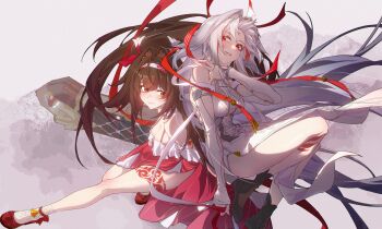 Rule 34 | 2girls, absurdres, animal ear fluff, animal ears, armband, armlet, back-to-back, bare shoulders, black shoes, bracelet, breasts, china dress, chinese clothes, cleavage, closed mouth, collar, commentary request, cross-laced clothes, cross-laced top, dress, droopy ears, dual persona, frilled armband, frilled collar, frilled shirt, frills, grey background, hairband, hakusama233, highres, jewelry, lace socks, large breasts, leg tattoo, looking at another, metal bracelet, multicolored hair, multicolored hairband, multiple girls, official alternate costume, parted lips, red eyes, red hair, red hairband, red shoes, red skirt, see-through horns, sheath, shirt, shoes, silver armlet, silver bracelet, skirt, smile, socks, tail, tattoo, white armband, white dress, white hairband, white shirt, white socks, ye shunguang, ye shunguang (touch of dawnlight), zenless zone zero