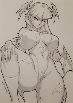 Rule 34 | 1girl, animal print, arm up, artist name, bat print, bat wings, blunt bangs, boots, breasts, cameltoe, capcom, cleavage, clothing cutout, collarbone, covered erect nipples, covered navel, daikon (artist), darkstalkers, demon girl, female focus, fringe trim, fur-trimmed sleeves, fur trim, gluteal fold, groin tendon, hand on knee, hand on own chest, hand on own leg, head tilt, head wings, heart cutout, highleg, highleg leotard, highres, huge breasts, large breasts, leg up, legs apart, leotard, long hair, looking at viewer, low wings, marker (medium), monochrome, morrigan aensland, solo, thick lips, thick thighs, thighs, traditional media, wide hips, wings
