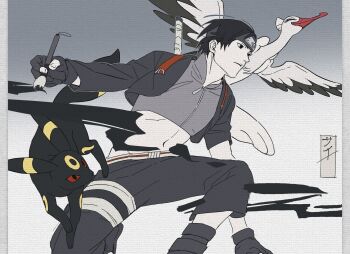 1boy black_eyes black_hair closed_mouth creature_request crop_top crossover forehead_protector gen_2_pokemon gloves highres holding holding_brush konohagakure_symbol male_focus mtk066621 naruto_(series) naruto_shippuuden navel nintendo pokemon pokemon_(creature) sai_(naruto) short_hair solo stomach umbreon zipper zipper_pull_tab