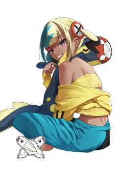 1girl absurdres bandeau blunt_bangs canari_(pokemon) censored character_censor character_doll commentary doll eelektross gen_5_pokemon grey_eyes grin hand_up highres jacket long_sleeves looking_to_the_side mask mask_pull mouth_mask multicolored_hair nail_polish nintendo novelty_censor obi3 off_shoulder pants pokemon pokemon_legends:_z-a shoulder_blades simple_background sitting smile solo teeth twintails white_background yellow_bandeau yellow_jacket yellow_nails