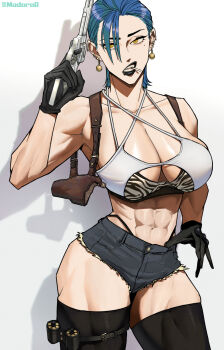 1girl abs bikini bikini_top_only blue_hair cigarette earrings face_piercing gloves gun handgun highleg hotpants jewelry lipstick madoro_q makeup mouth_piercing multicolored_hair muscular muscular_female original piercing revolver short_hair swimsuit thong_bikini two-tone_hair weapon yellow_eyes