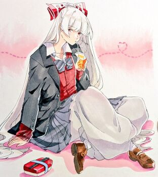 1girl alternate_costume black_jacket bow brown_shoes cardigan chopsticks collared_shirt commentary_request drink_carton drinking drinking_straw drinking_straw_in_mouth fujiwara_no_mokou grey_hair grey_pants grey_skirt hair_bow heart heart_of_string holding holding_drink_carton holding_juice_box jacket juice_box layered_clothes long_hair looking_at_viewer lunchbox mokoiscat open_clothes open_jacket pants pants_under_skirt pleated_skirt red_cardigan red_eyes school_uniform shirt shoes sitting skirt solo touhou very_long_hair white_shirt