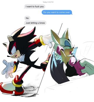 1boy 1girl absurdres animal_ears arm_behind_head bat_ears bat_wings blue_eyeshadow eyeshadow furry furry_female furry_male gloves highres makeup open_mouth red_eyes rouge_the_bat shadow_the_hedgehog sitting sonic_(series) ssanaaloves white_gloves wings