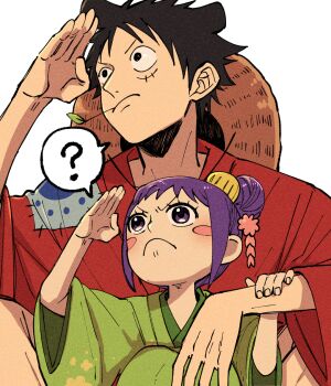 1boy 1girl ? black_hair blush_stickers child closed_mouth facial_scar green_kimono hair_ornament hand_on_another&#039;s_arm hand_up hat highres japanese_clothes kimono kurozumi_tama long_hair m_(user_gjgn8588) monkey_d._luffy official_alternate_costume one_piece purple_eyes purple_hair red_kimono scar scar_on_cheek scar_on_face short_hair speech_bubble spoken_question_mark straw_hat unworn_hat unworn_headwear upper_body white_background wide_sleeves