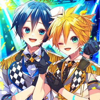 2boys :d ;d black_gloves black_necktie black_ribbon blonde_hair blue_eyes blue_hair commentary_request double-parted_bangs gloves green_eyes grey_jacket hair_between_eyes hat headset highres jacket kagamine_len kaho_0102 kaito_(vocaloid) looking_at_viewer male_focus multiple_boys neck_ribbon necktie one_eye_closed open_mouth ribbon short-sleeved_jacket short_hair short_sleeves smile stage upper_body vocaloid white_hat white_jacket