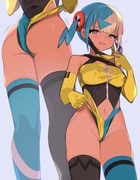 Rule 34 | 1girl, adjusting clothes, aqua hair, ass, bare shoulders, black mask, black thighhighs, blonde hair, blue eyes, blue thighhighs, blush, breasts, canari (pokemon), clothing cutout, criss-cross straps, dark-skinned female, dark skin, fingerless gloves, gloves, highres, leotard, leotard tug, looking at viewer, mask, mask pull, medium breasts, mega stone, mismatched thighhighs, motion lines, mouth mask, multicolored hair, multicolored leotard, navel, navel cutout, nintendo, open mouth, pokemon, pokemon legends: z-a, short twintails, split-color hair, spring2013, sweat, thighhighs, twintails, two-tone hair, two-tone mask, white gloves, yellow gloves, yellow leotard, yellow mask