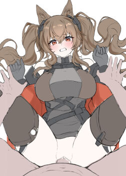 1boy 1girl absurdres alternate_breast_size_(larger) angelina_(arknights) animal_ear_fluff animal_ears arknights arknights:_endfield belt black_gloves black_thighhighs blush breasts brown_hair censored clenched_teeth clothed_female_nude_male clothed_sex coat commentary daram_(shappydude) diamond-shaped_pupils diamond_(shape) dot_nose dress floating_hair fox_ears fox_girl gilberta_(arknights) gloves grey_dress hands_up headpiece hetero high_belt high_collar highres impossible_clothes impossible_dress large_breasts long_hair long_sidelocks long_sleeves looking_at_viewer lying m_legs microdress missionary mosaic_censoring nude on_back open_clothes open_coat orange_eyes penis pov red_coat sex sidelocks simple_background solo_focus spread_legs symbol-shaped_pupils teeth thighhighs twintails vaginal white_background