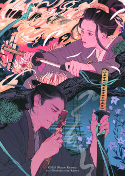 Rule 34 | 1boy, 1girl, black hair, branch, burning, chonmage, comb, commentary request, dao, fire, flower, hair ornament, hair stick, highres, inverted colors, japan, japanese clothes, katana, kimono, knife, male focus, marumage, messy hair, nihongami, obi, original, parody, reflected worlds, sash, scared, shiroiinu, style parody, sword, symbolism, topknot, weapon